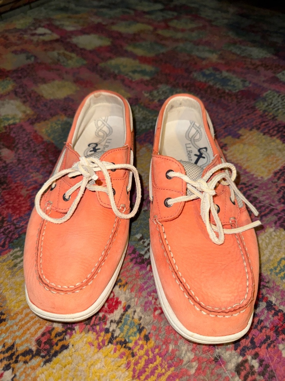 L.L. Bean Orange Peach Spring 2 Hole Lace Up Preppy Boat Shoes Size 10